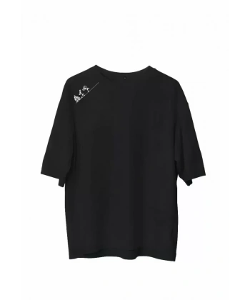 Biçomi Unisex Bisiklet Yaka Baskılı Oversize T-Shirt - Siyah