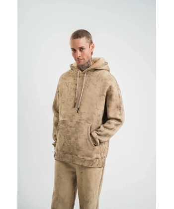 Biçomi Unisex Double Oversize Kapşonlu Yıkamalı SweatShirt - Bej