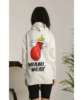 Biçomi Unisex Kapşonlu Baskılı Sweetshirt - Beyaz