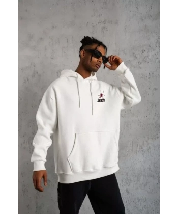 Biçomi Unisex Kapşonlu Baskılı Sweetshirt - Beyaz