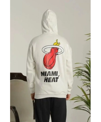 Biçomi Unisex Kapşonlu Baskılı Sweetshirt - Beyaz