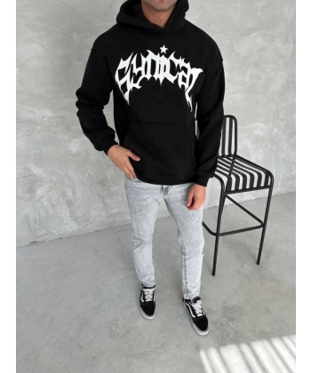 Biçomi Unisex Üç İplik Kapşonlu Baskılı SweatShirt - Siyah