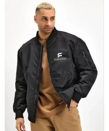 Biçomi Unisex Uzun Kol Baskılı Bomber Ceket - Siyah