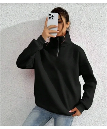 Biçomi Unisex Uzun Kol Yarım Farmuarlı Yakalı Basic SweatShirt - Siyah