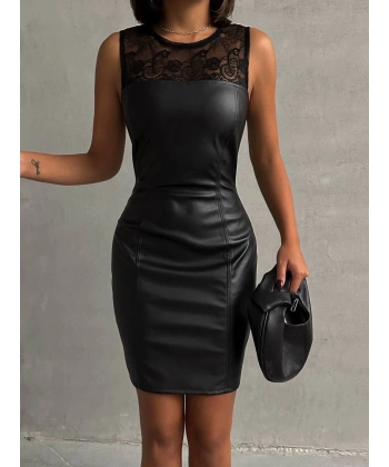 BİÇOMİ Üstü dantelli straplez deri elbise siyah w24421