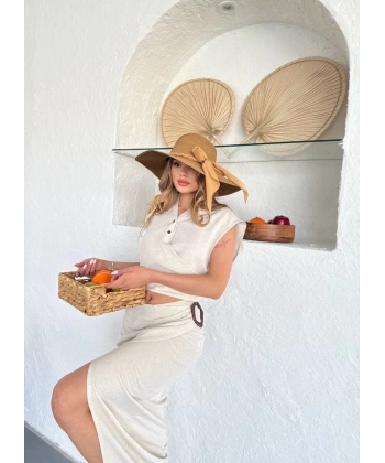 BİÇOMİ Uzun etekli bluz takım keten krem s255852