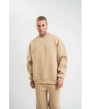 Biçomi Uzun Kol Bisiklet Yaka Basic SweatShirt - Bej