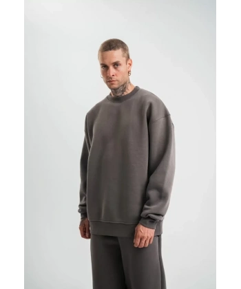 Biçomi Uzun Kol Bisiklet Yaka Basic SweatShirt - Füme