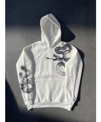 Biçomi Uzun Kol Kapşonlu Baskılı SweatShirt - Beyaz