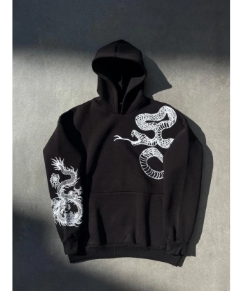 Biçomi Uzun Kol Kapşonlu Baskılı SweatShirt - Siyah
