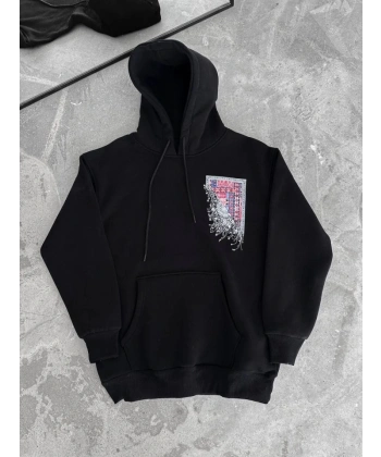 Biçomi Uzun Kol Kapşonlu Ön Ve Arka Baskılı SweatShirt - Siyah