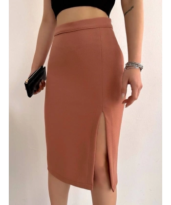 BİÇOMİ Uzun midi boy yırtmaçlı etek somon s24907