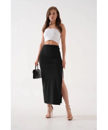 BİÇOMİ Uzun yırtmaçlı ince kumaş etek siyah