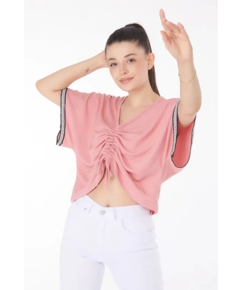 BİÇOMİ V yaka büzgülü detaylı bluz