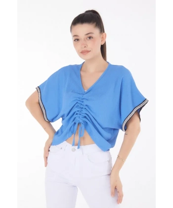 BİÇOMİ V yaka büzgülü detaylı bluz