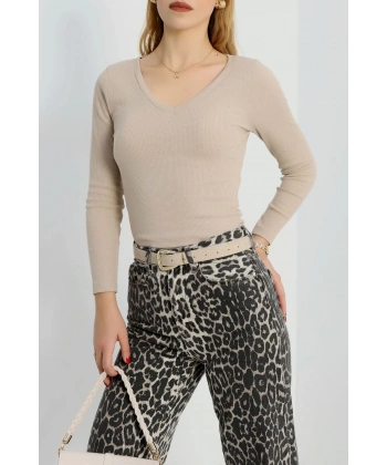 BİÇOMİ V yaka kaşkorse bluz bej a3699