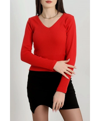 BİÇOMİ V yaka kaşkorse bluz kırmızı a3699