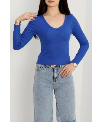 BİÇOMİ V yaka kaşkorse bluz saks mavisi a3699