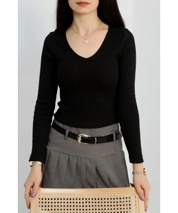 BİÇOMİ V yaka kaşkorse bluz siyah a3699