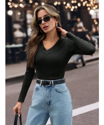 BİÇOMİ V yaka kaşkorse bluz siyah w3817