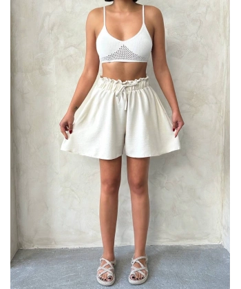 BİÇOMİ Volanlı keten şort bej s255058