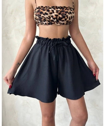 BİÇOMİ Volanlı keten şort siyah s255058