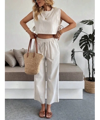 BİÇOMİ Yan bağlama detaylı pantolonlu takım bej