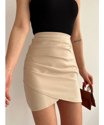 BİÇOMİ Yandan drapeli asimetrik etek bej s24771
