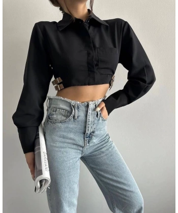 BİÇOMİ Yanı kemer detaylı crop gömlek siyah s4009