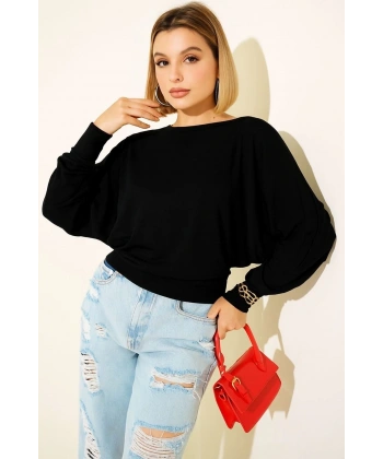 BİÇOMİ Yarasa Kol Salaş Bluz siyah T4273