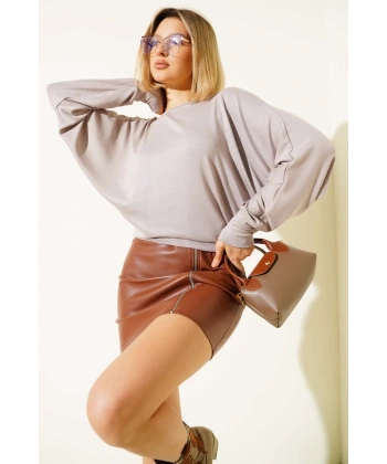 BİÇOMİ Yarasa Kol Salaş Bluz Vizon T4273