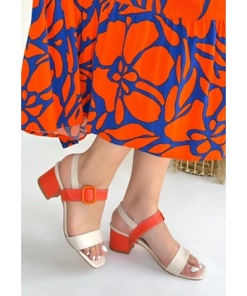 BİÇOMİ Year Bej Cilt Turuncu Detaylı Turuncu Topuklu Topuklu Ayakkabı