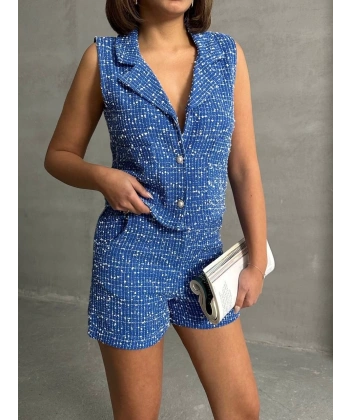 BİÇOMİ Yelekli şort takım saks