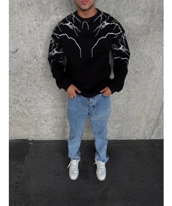 Biçomi Yıldırım Baskılı Bisiklet Yaka SweatShirt - Siyah