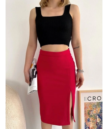 BİÇOMİ Yırtmaçlı esnek kumaş midi boy etek koyu kırmızı