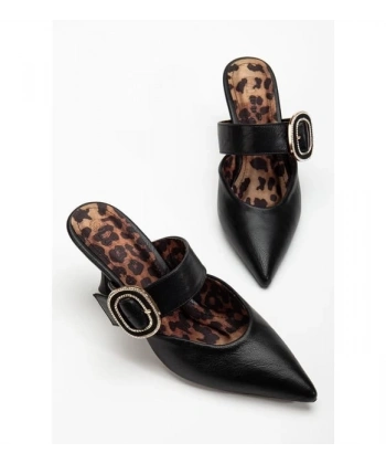 BİÇOMİ Yote Siyah Cilt Topuklu Terlik