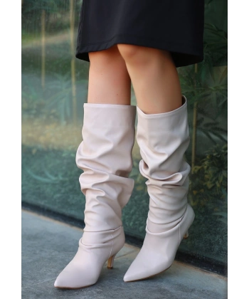 BİÇOMİ Zelya Bej Cilt Topuklu Çizme