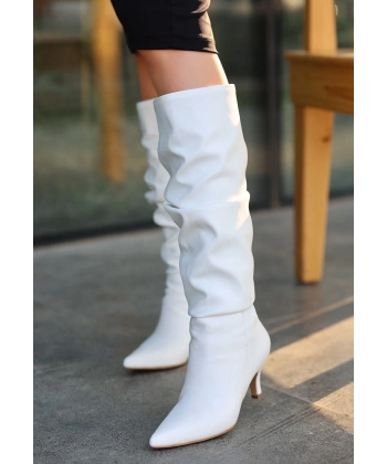 BİÇOMİ Zelya Beyaz Cilt Topuklu Çizme