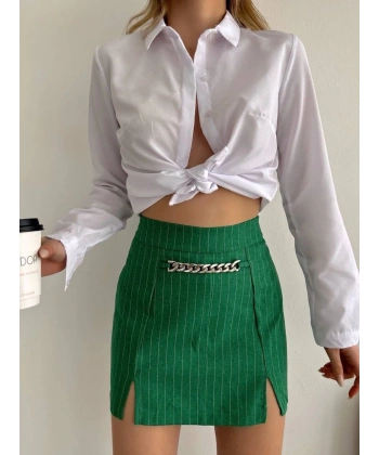 BİÇOMİ Zincir detaylı çizgili şort etek