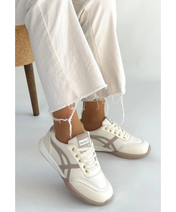 BİÇOMİ Zlay Bej Cilt Vizon Detaylı Bağcıklı Spor Ayakkabı