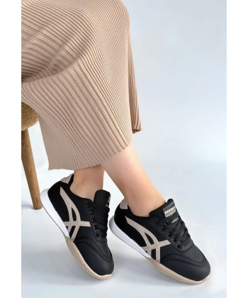 BİÇOMİ Zlay Siyah Cilt Bej Detaylı Bağcıklı Spor Ayakkabı