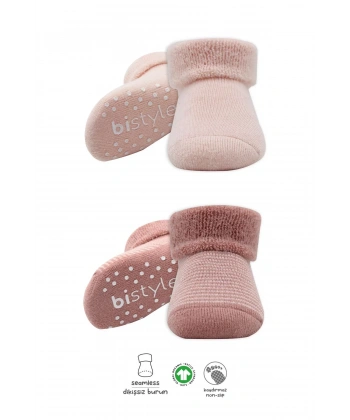 Çemberli Kaymaz Havlu Soket Çorap 2li Bs10503 Pudra Pembe