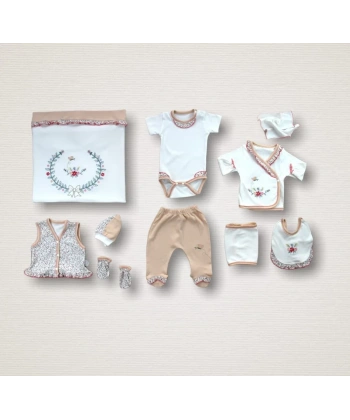 Erguvan Taç Nakışlı  Kız Bebek 10lu Zıbın Takımı Hastane Çıkışı Nar Çiçeği