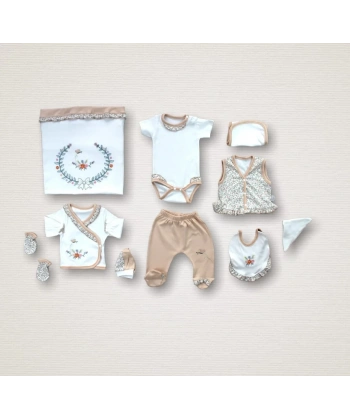 Erguvan Taç Nakışlı  Kız Bebek 10lu Zıbın Takımı Hastane Çıkışı Turuncu