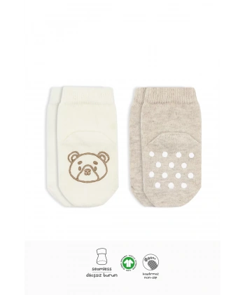 Hayvan Figürlü Kaymaz Soket Çorap 2li  Bej Ekru