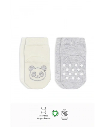 Hayvan Figürlü Kaymaz Soket Çorap 2li  Gri Ekru