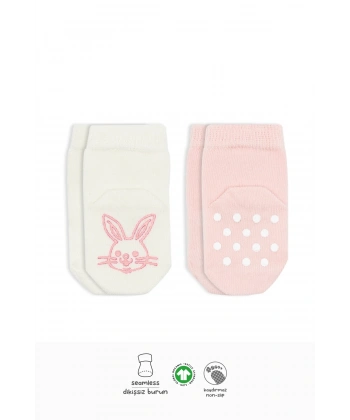 Hayvan Figürlü Kaymaz Soket Çorap 2li  Pembe Ekru