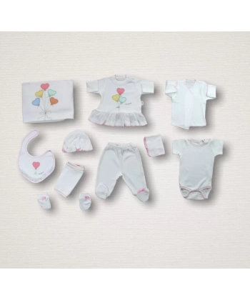 Kalpli Uçan Balon Nakışlı  10lu Zıbın Takımı Hastane Çıkışı Ekru