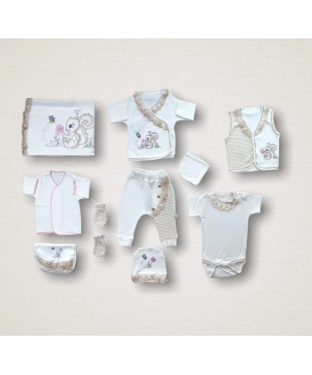 Minik Sincap Nakışlı  10lu Zıbın Takımı Hastane Çıkışı Ekru