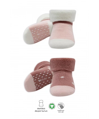 Puanlı Kaymaz Havlu Soket Çorap 2li Bs10502 Pudra Pembe